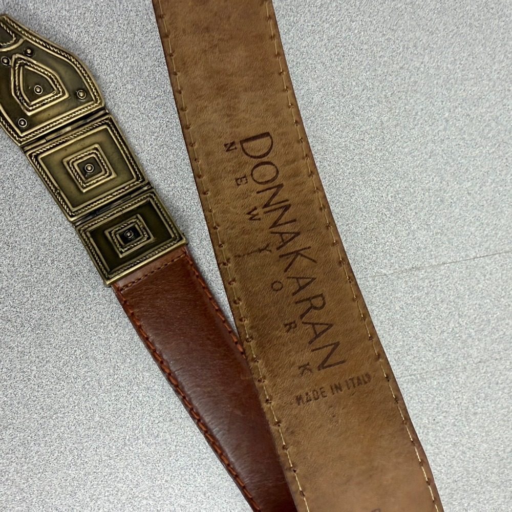 Donna Karan Belt Womens Small Brown Leather Brass Geometric Buckle Made in Italy - Picture 7 of 9